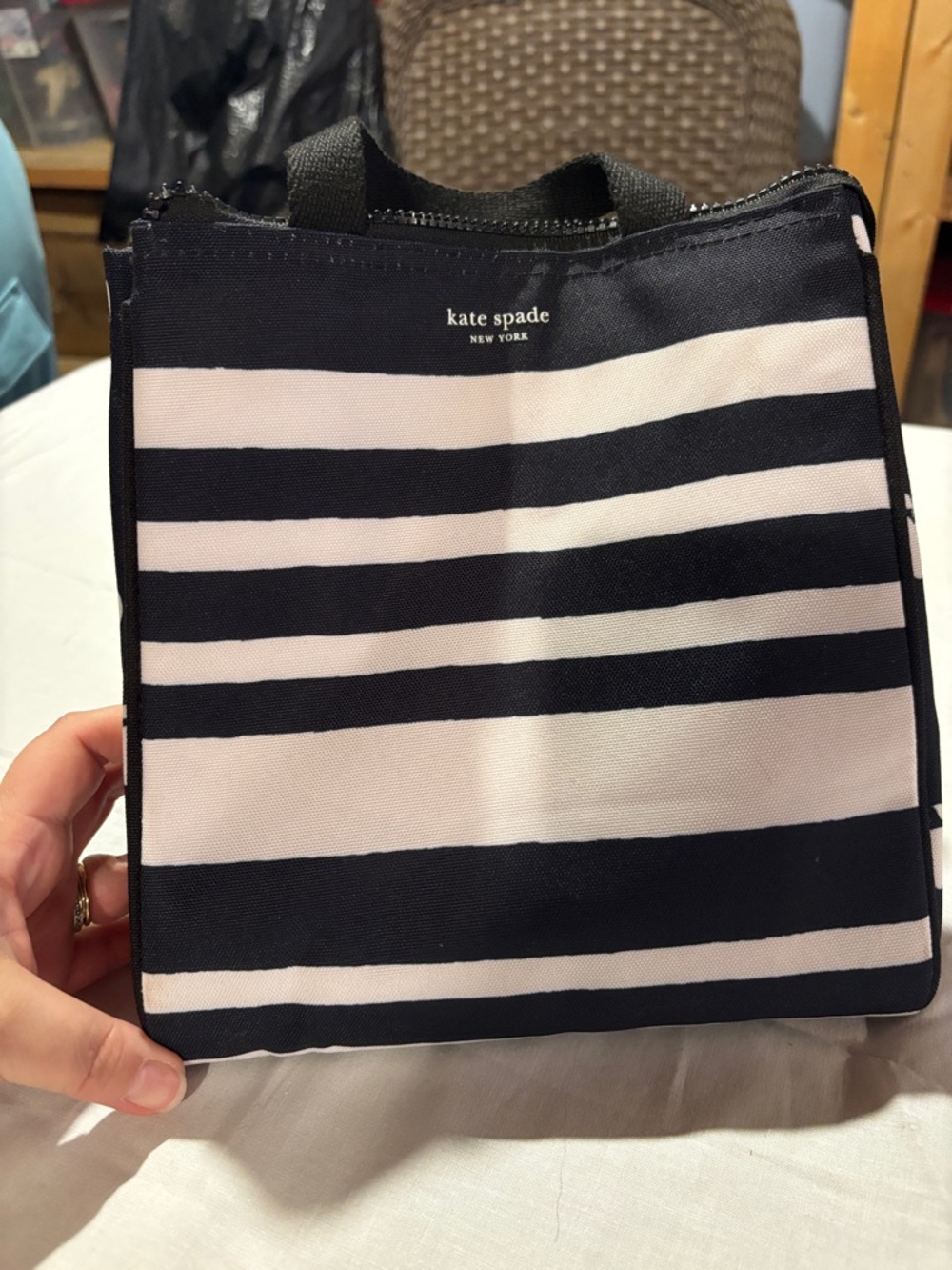 kate spade Black and White Striped Small Tote Lunchbox